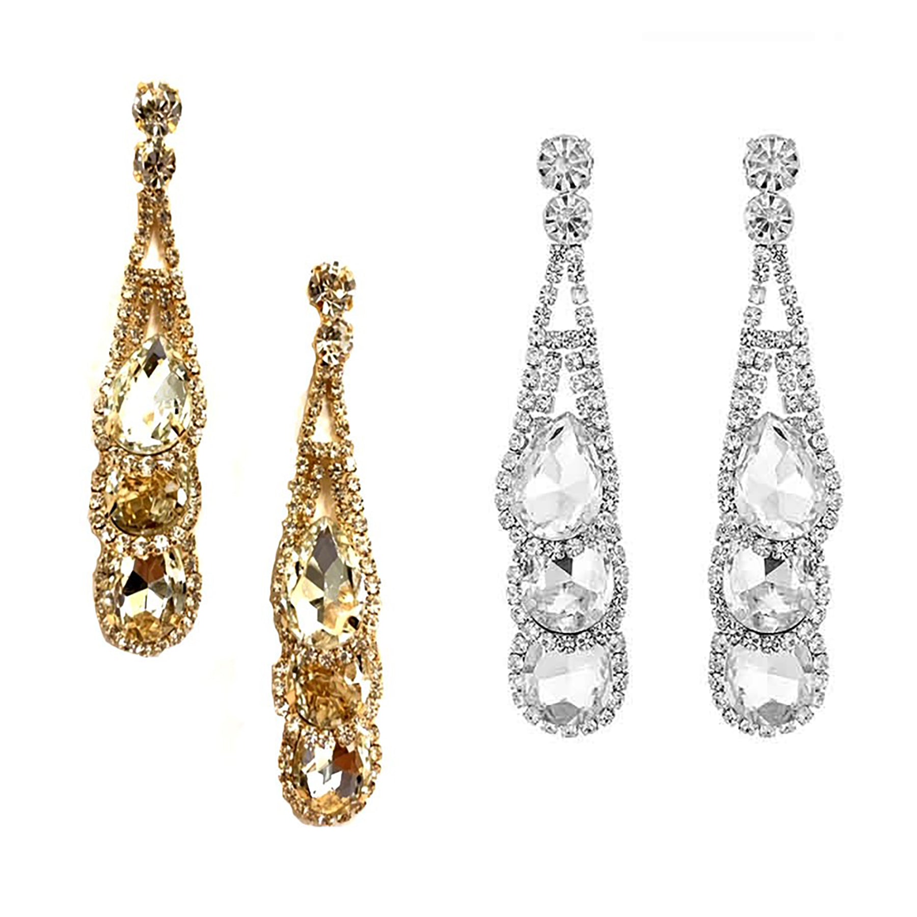 Rhinestone Triple Teardrop Layer Earrings featuring three elegant teardrop shapes adorned with sparkling rhinestones.