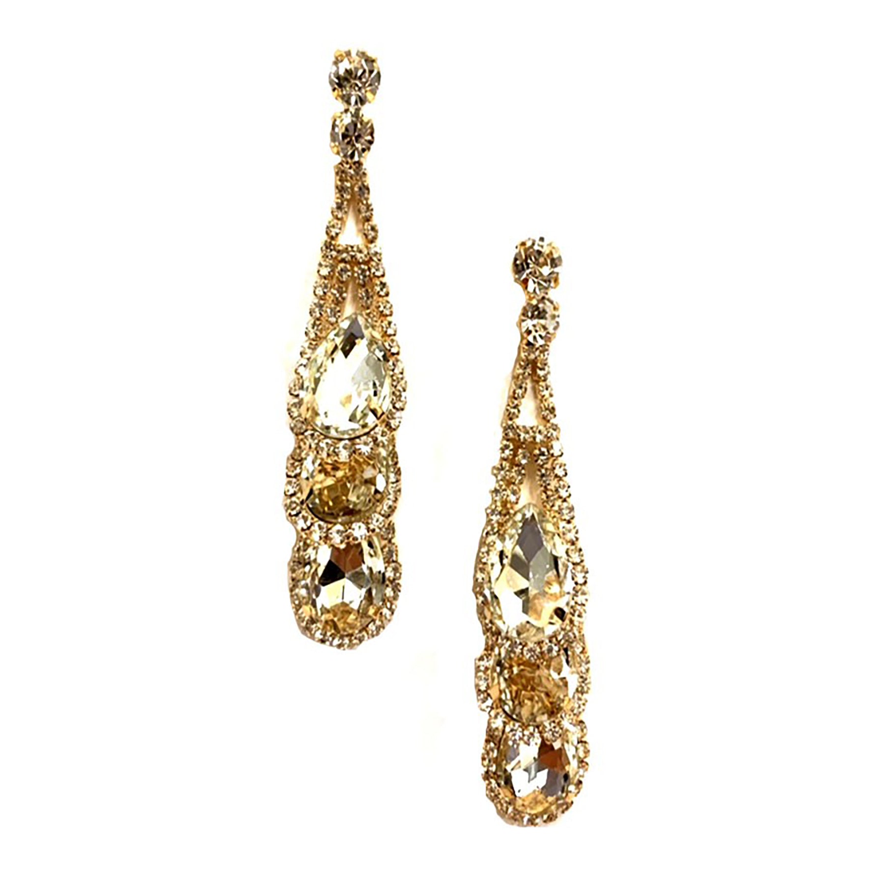 Rhinestone Triple Teardrop Layer Earrings featuring three elegant teardrop shapes adorned with sparkling rhinestones.