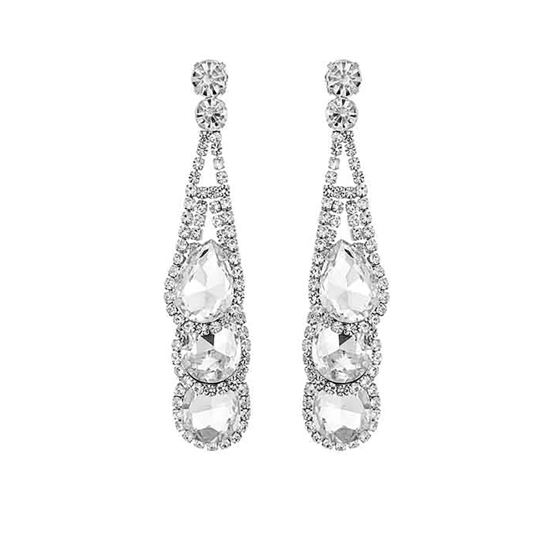 Rhinestone Triple Teardrop Layer Earrings featuring three elegant teardrop shapes adorned with sparkling rhinestones.