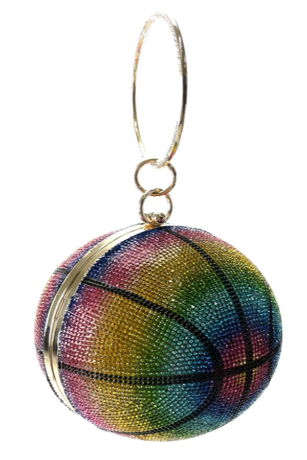 A stylish rhinestone basketball clutch with a detachable chain strap and soft lining, perfect for basketball fans.