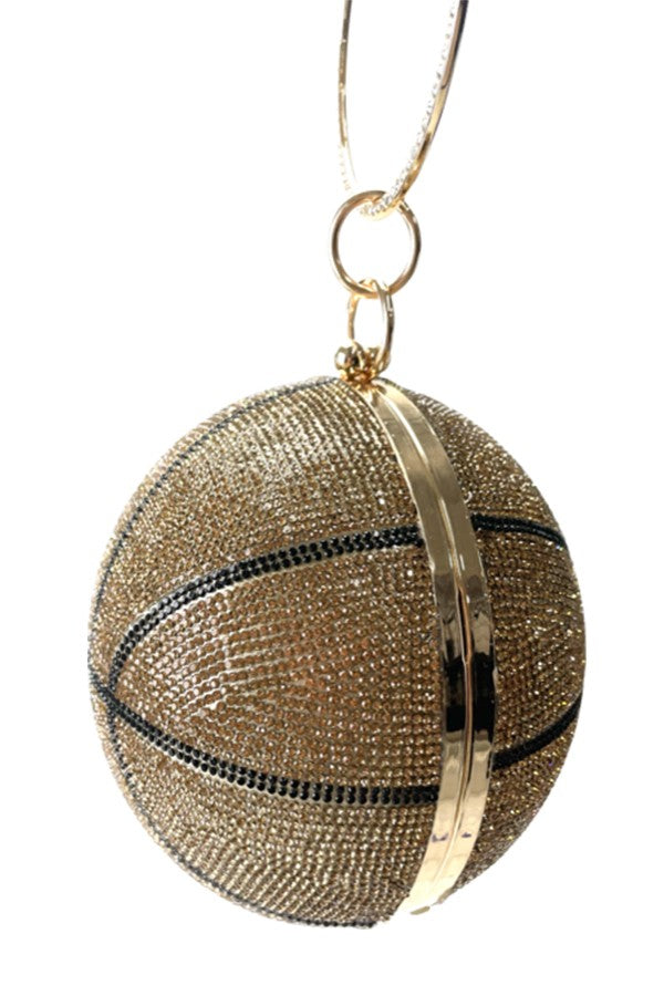 A stylish rhinestone basketball clutch with a detachable chain strap and soft lining, perfect for basketball fans.