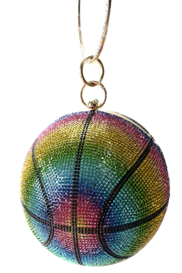 A stylish rhinestone basketball clutch with a detachable chain strap and soft lining, perfect for basketball fans.