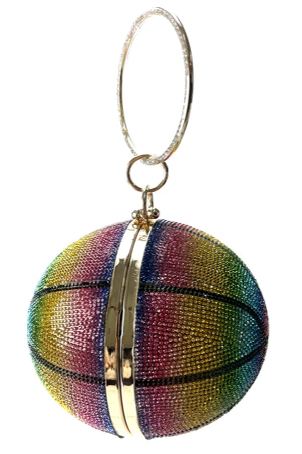 A stylish rhinestone basketball clutch with a detachable chain strap and soft lining, perfect for basketball fans.