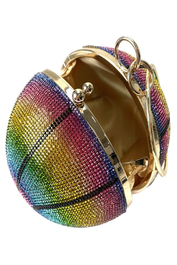 A stylish rhinestone basketball clutch with a detachable chain strap and soft lining, perfect for basketball fans.