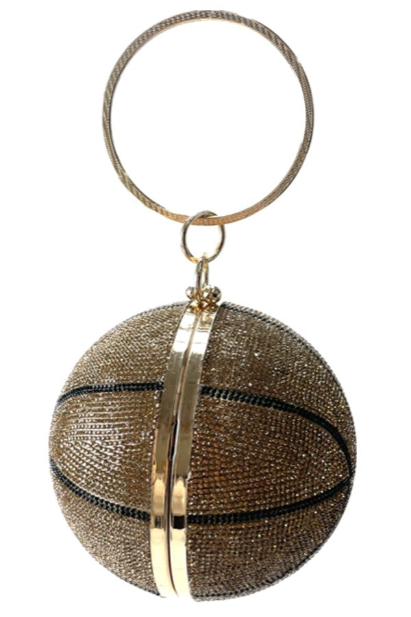 A stylish rhinestone basketball clutch with a detachable chain strap and soft lining, perfect for basketball fans.