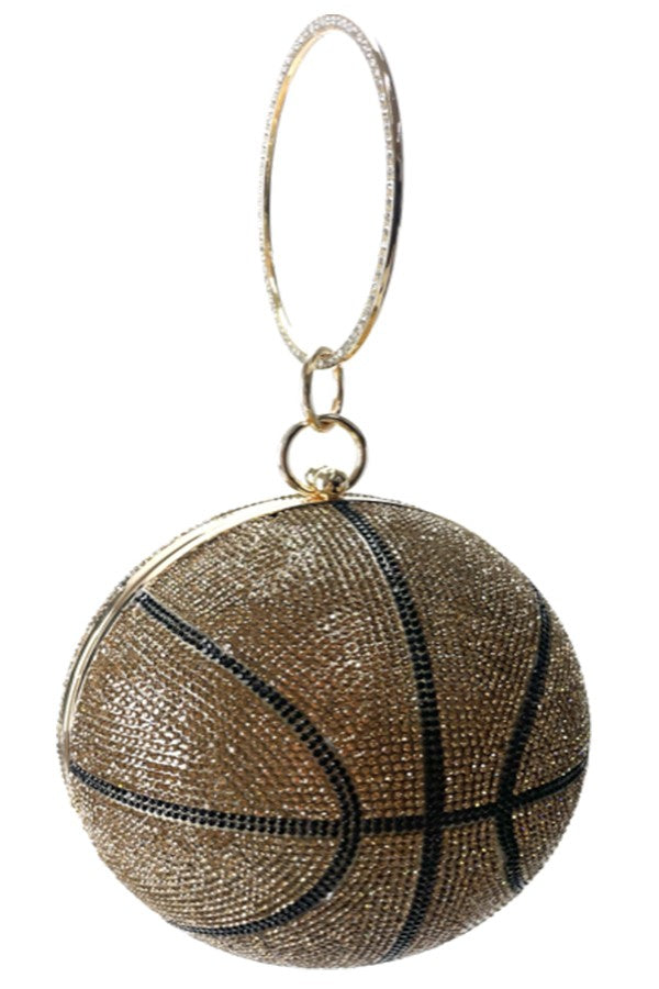 A stylish rhinestone basketball clutch with a detachable chain strap and soft lining, perfect for basketball fans.