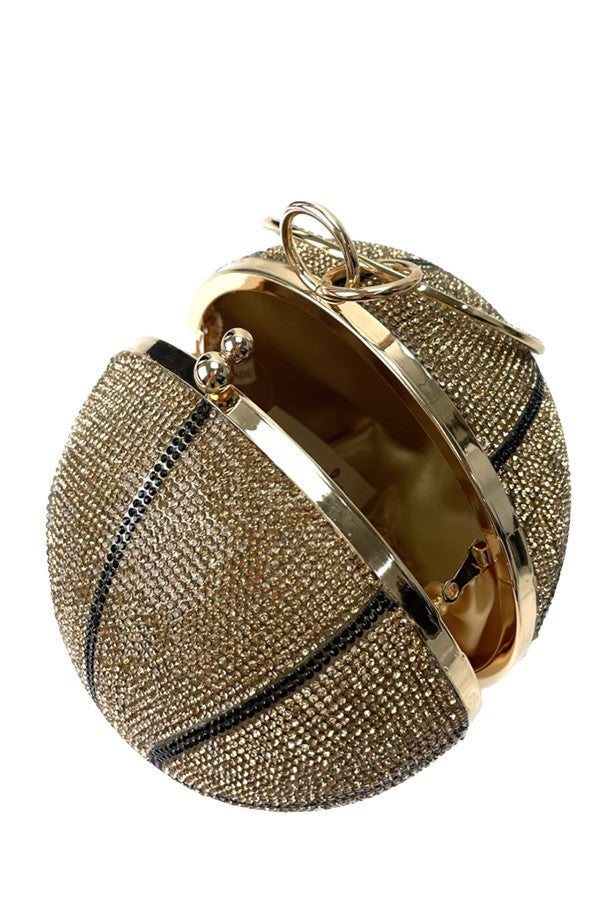 A stylish rhinestone basketball clutch with a detachable chain strap and soft lining, perfect for basketball fans.