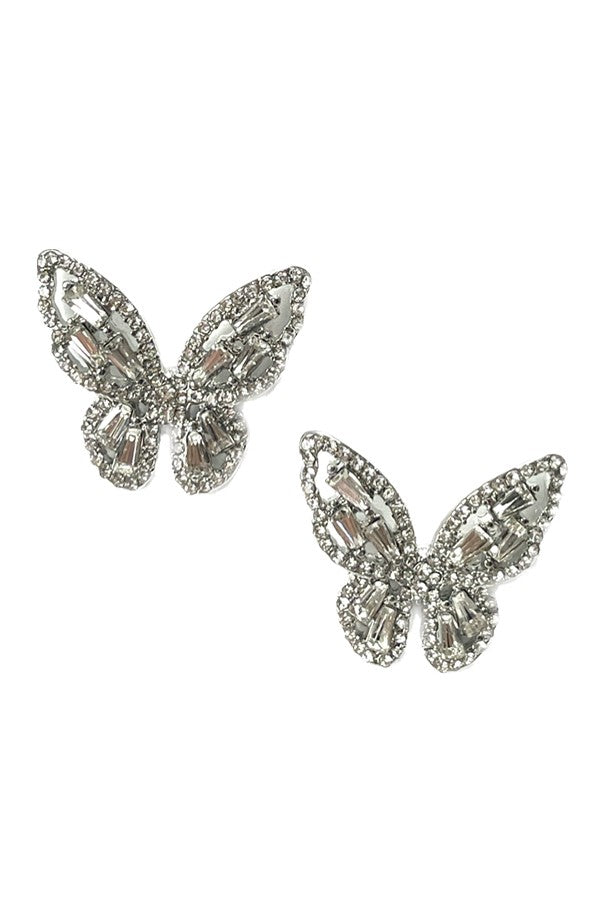 A pair of elegant rhinestone butterfly earrings with sparkling accents, designed for a secure fit.