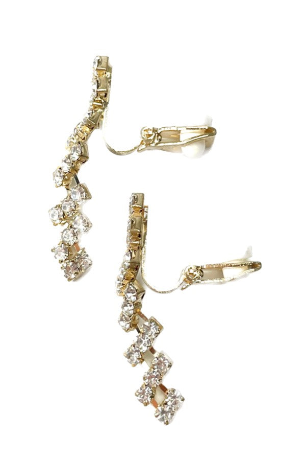 A pair of elegant rhinestone drop clip-on earrings, featuring sparkling rhinestones and a comfortable clip-on design.