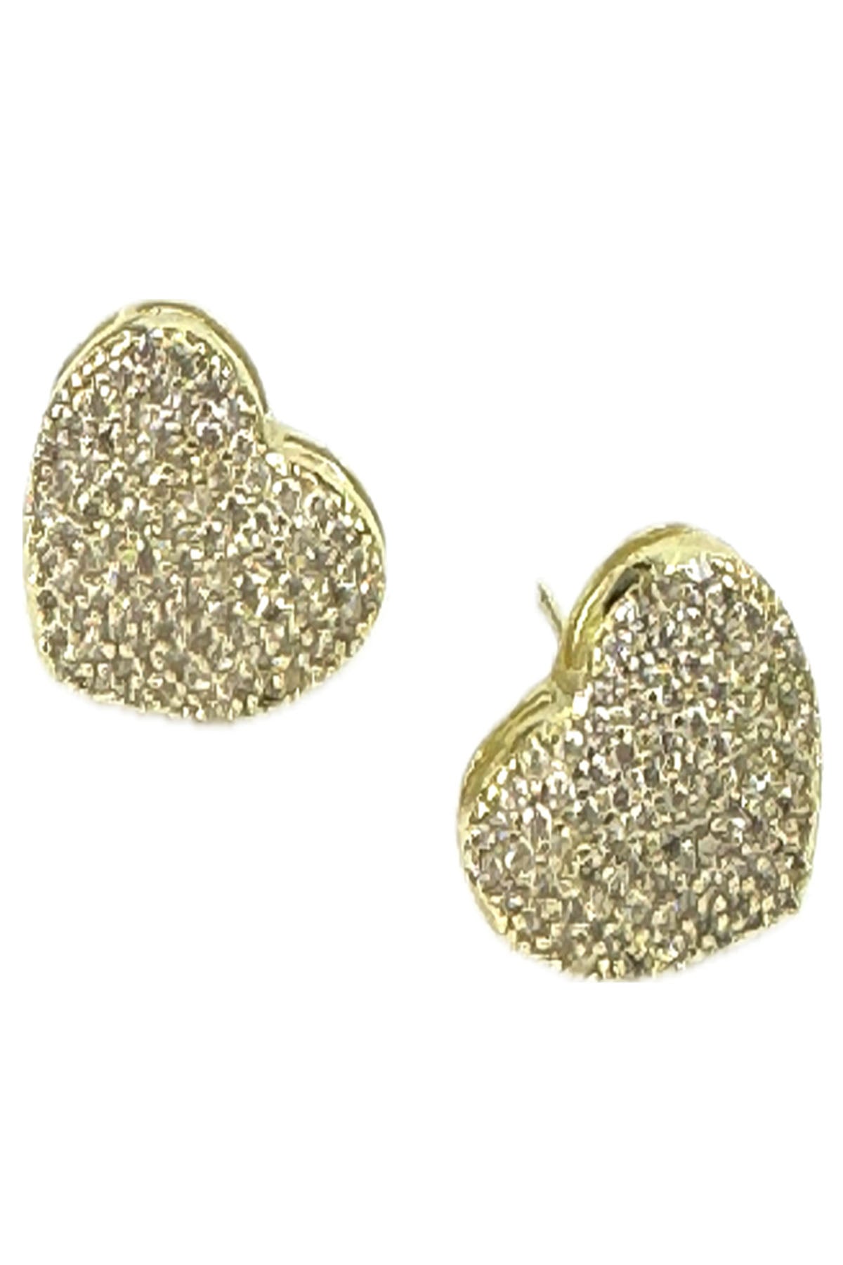 A pair of elegant rhinestone heart earrings with a double plated design, featuring a secure post back and a drop length of 1 inch.