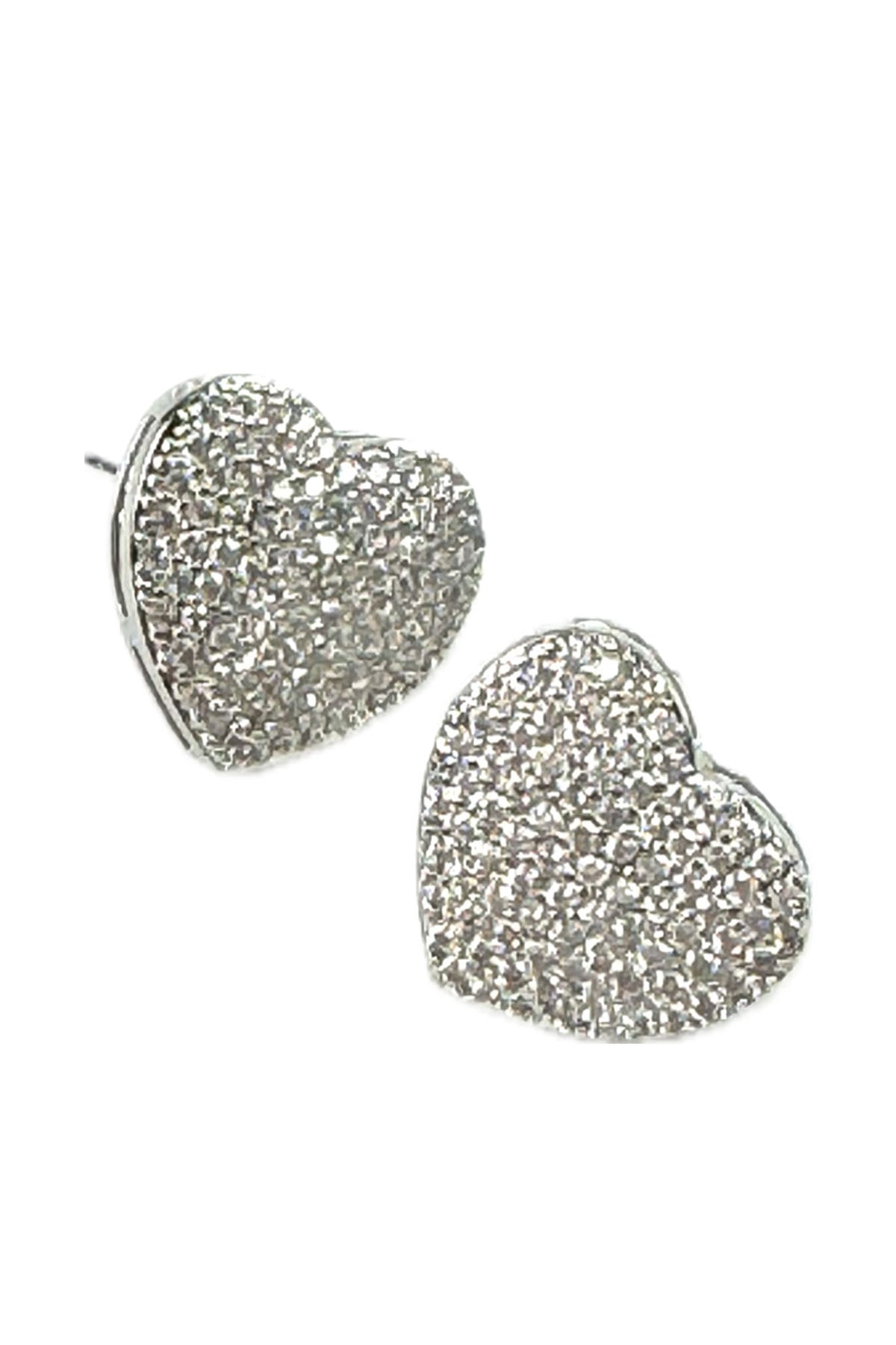 A pair of elegant rhinestone heart earrings with a double plated design, featuring a secure post back and a drop length of 1 inch.