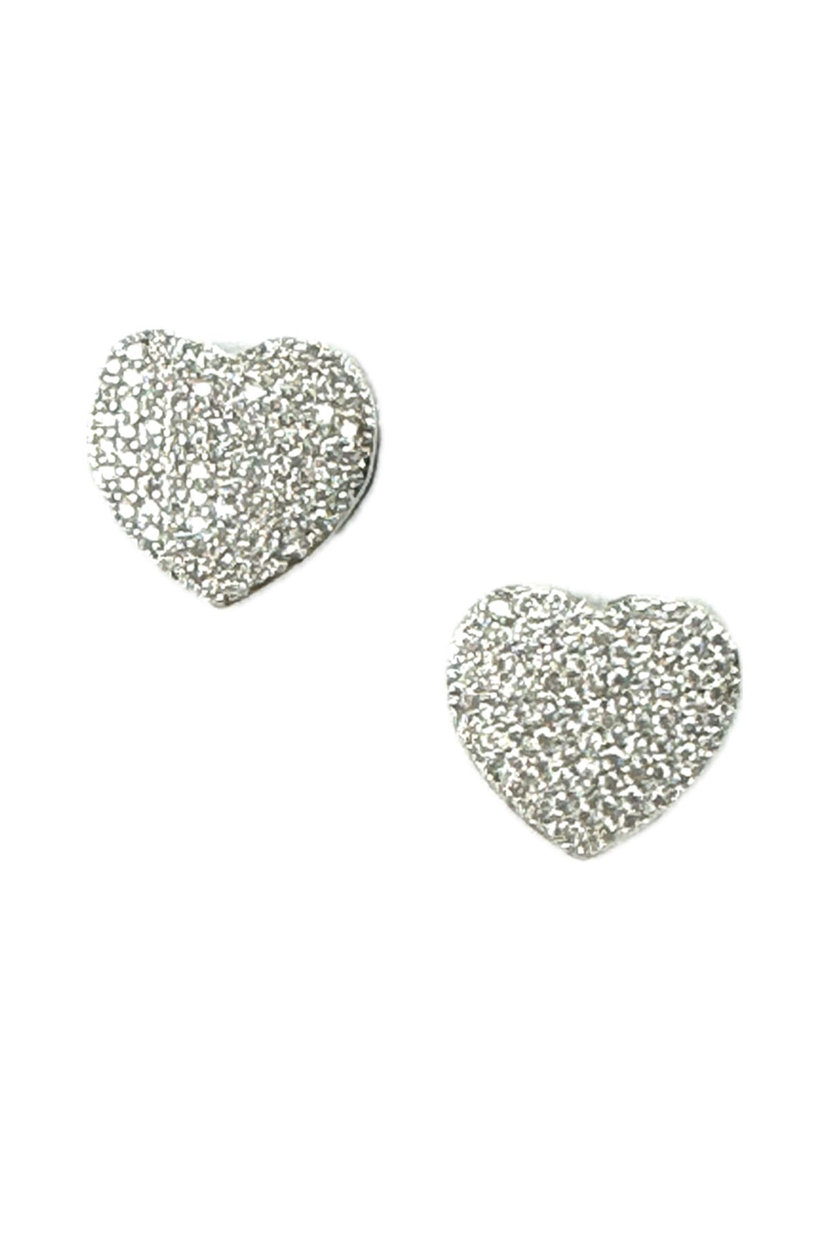 A pair of elegant rhinestone heart earrings with a double plated design, featuring a secure post back and a drop length of 1 inch.