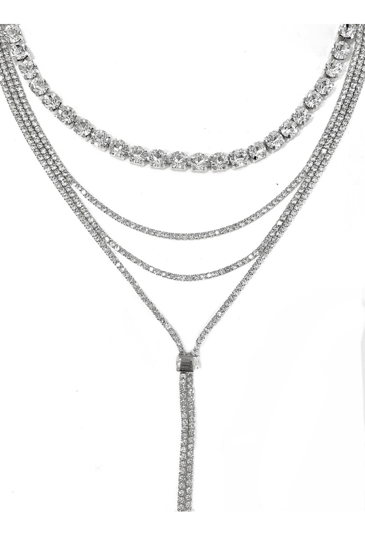 A beautiful layered rhinestone necklace featuring a lobster claw clasp and adjustable extender, perfect for adding elegance to any outfit.