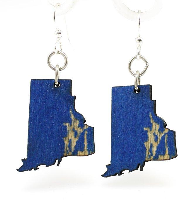 Rhode Island State Earrings - lightweight blue laser-cut wood design with hypoallergenic stainless steel ear wires.