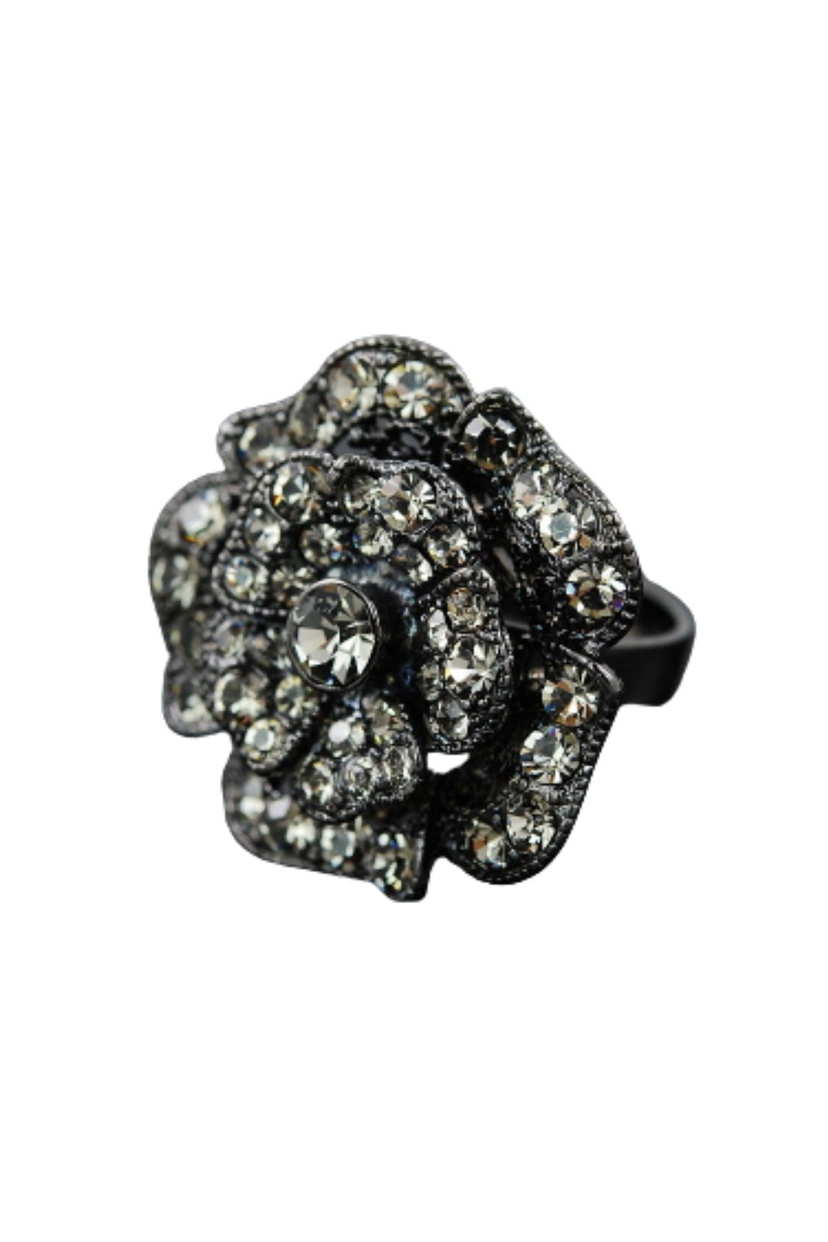 A beautiful crystal flower ring with double plating, featuring a flower design approximately 1 1/5 inches in diameter, made in Korea.