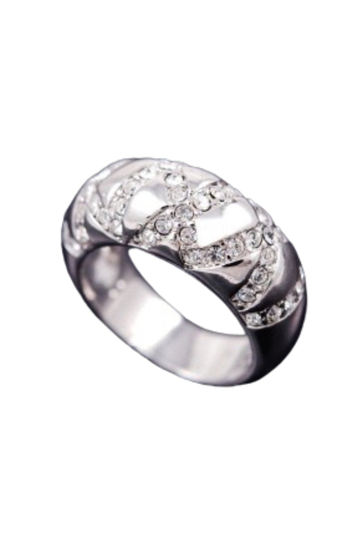 A stylish textured crystal metal ring, double plated, showcasing its unique design and shine.