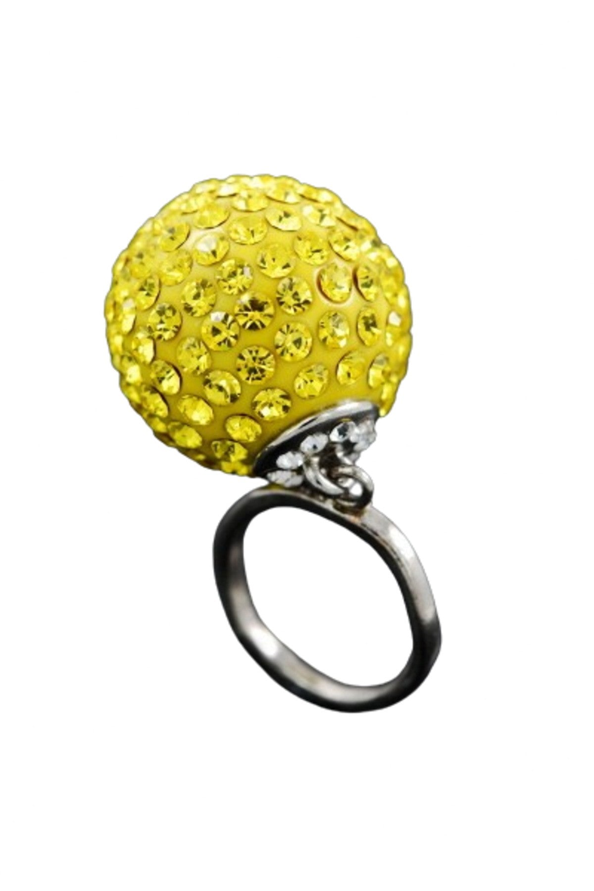 A beautiful crystal beaded ball ring with a 2-inch diameter, showcasing its double plated finish and elegant design.