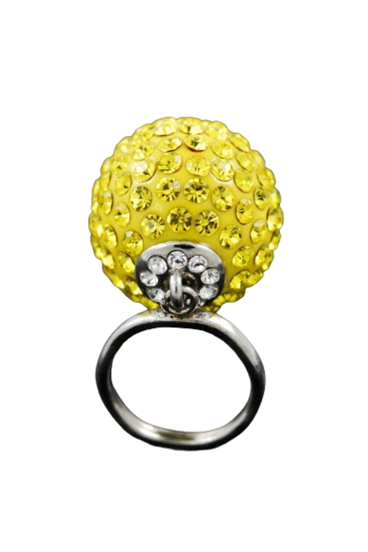 A beautiful crystal beaded ball ring with a 2-inch diameter, showcasing its double plated finish and elegant design.