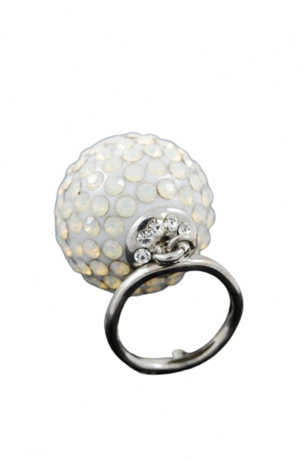 A beautiful crystal beaded ball ring with a 2-inch diameter, showcasing its double plated finish and elegant design.