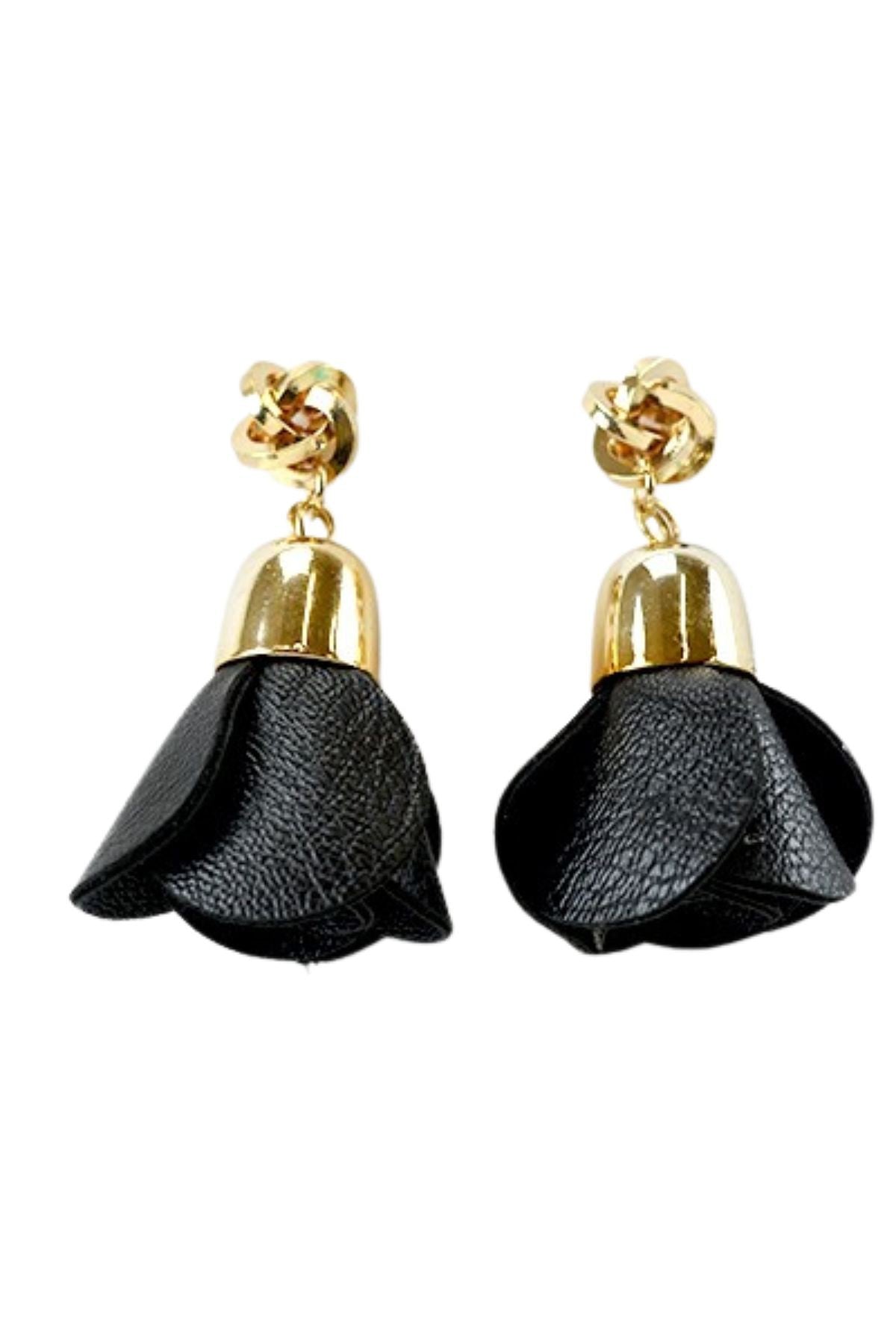 A pair of elegant faux leather rose earrings with a 2-inch drop, featuring a post back closure.