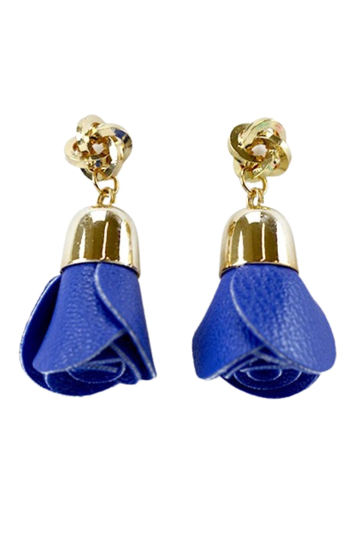 A pair of elegant faux leather rose earrings with a 2-inch drop, featuring a post back closure.