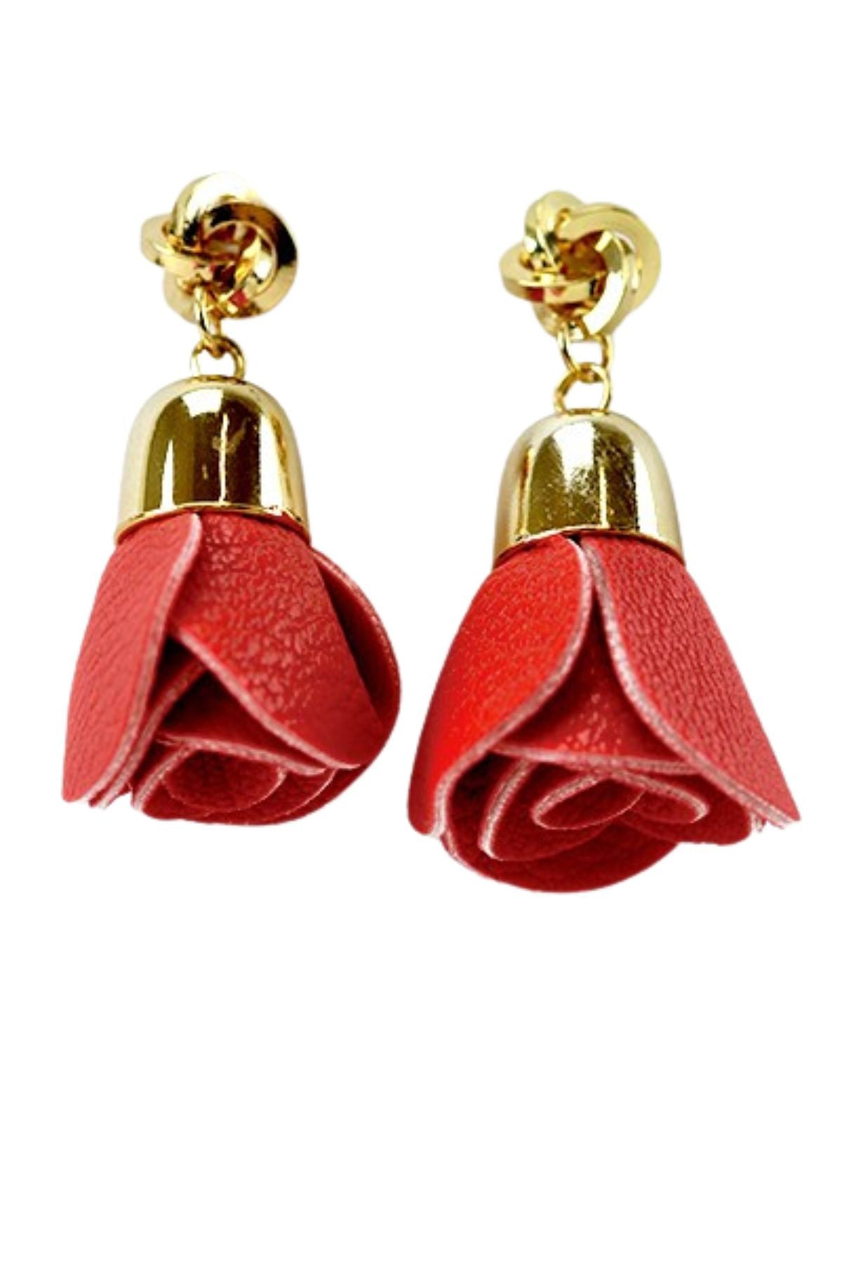 A pair of elegant faux leather rose earrings with a 2-inch drop, featuring a post back closure.