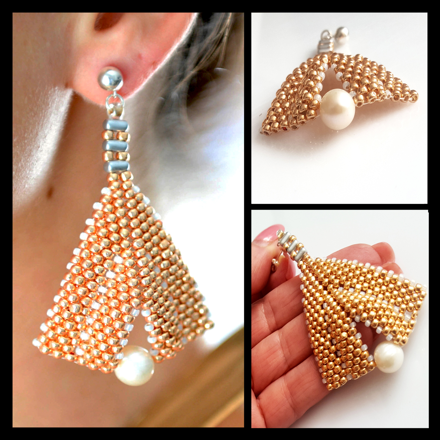 A pair of elegant Rose Gold & Freshwater Pearl Statement Earrings featuring Toho seed beads and sterling silver studs, showcasing a luxurious design.