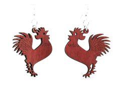 A pair of handcrafted Rooster Earrings made from sustainably sourced wood, featuring silver-finished stainless steel ear wires.