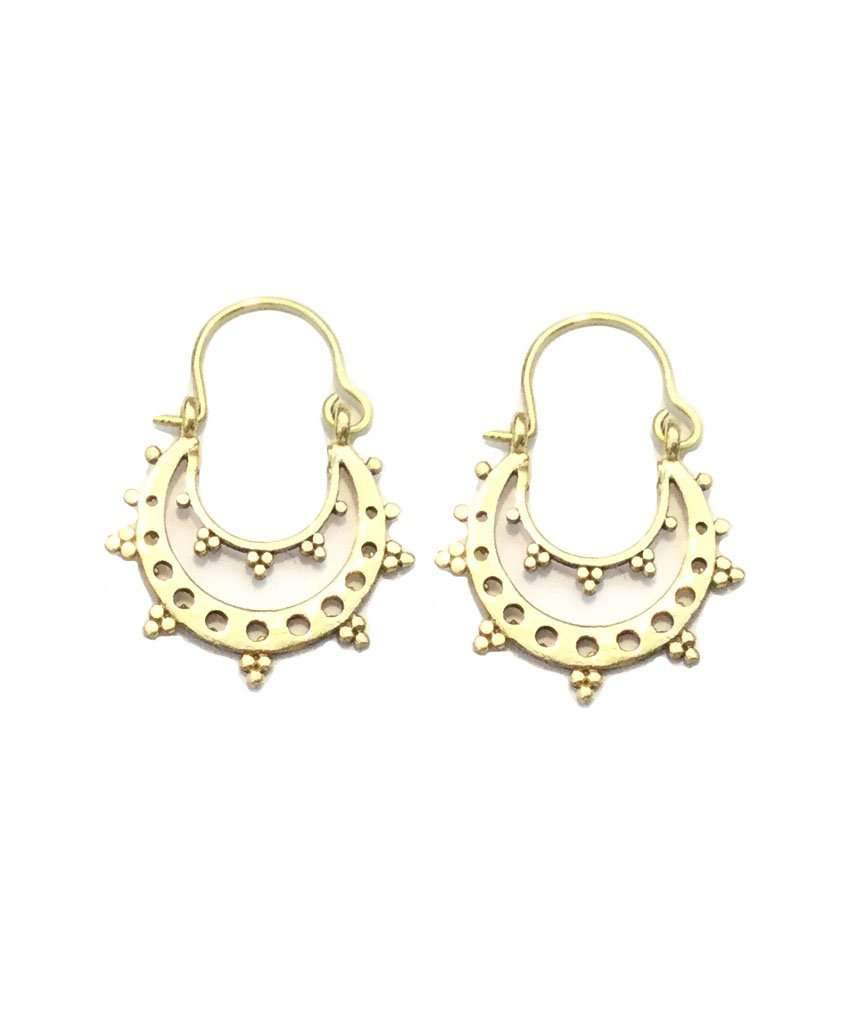 A pair of handcrafted Round Boho Earrings featuring intricate etching and U-shaped drops, made from brass and silver.