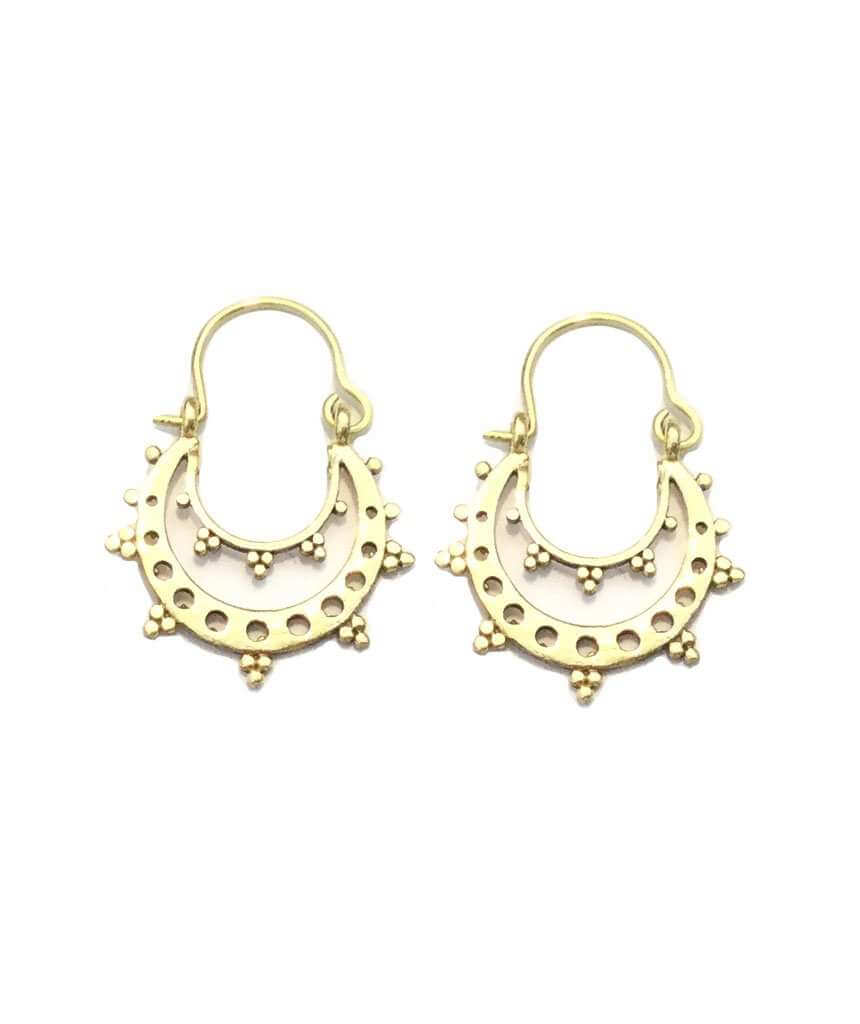 A pair of handcrafted Round Boho Earrings featuring intricate etching and U-shaped drops, made from brass and silver.