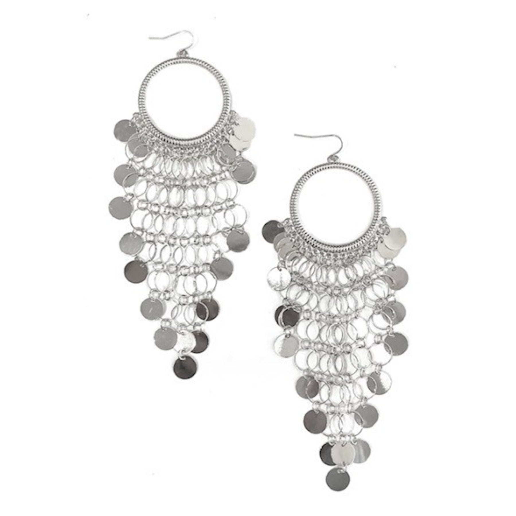 Elegant Round Disc Chain Dangle Earrings with a 4-inch drop, featuring a stylish design and secure fish hook closure.