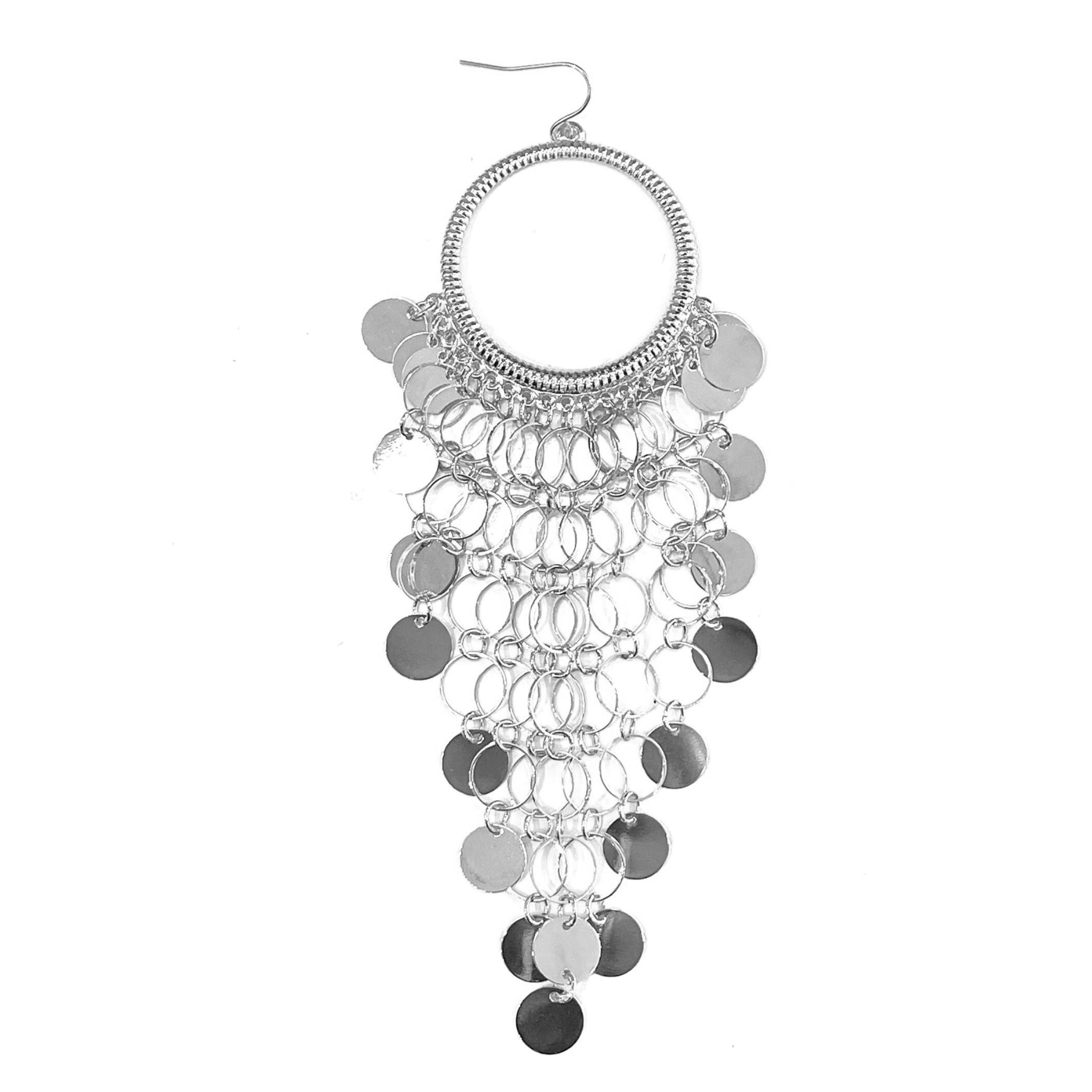 Elegant Round Disc Chain Dangle Earrings with a 4-inch drop, featuring a stylish design and secure fish hook closure.