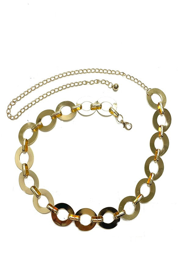 A stylish round link chain belt featuring a lobster claw clasp and a 20-inch extender, perfect for enhancing any outfit.