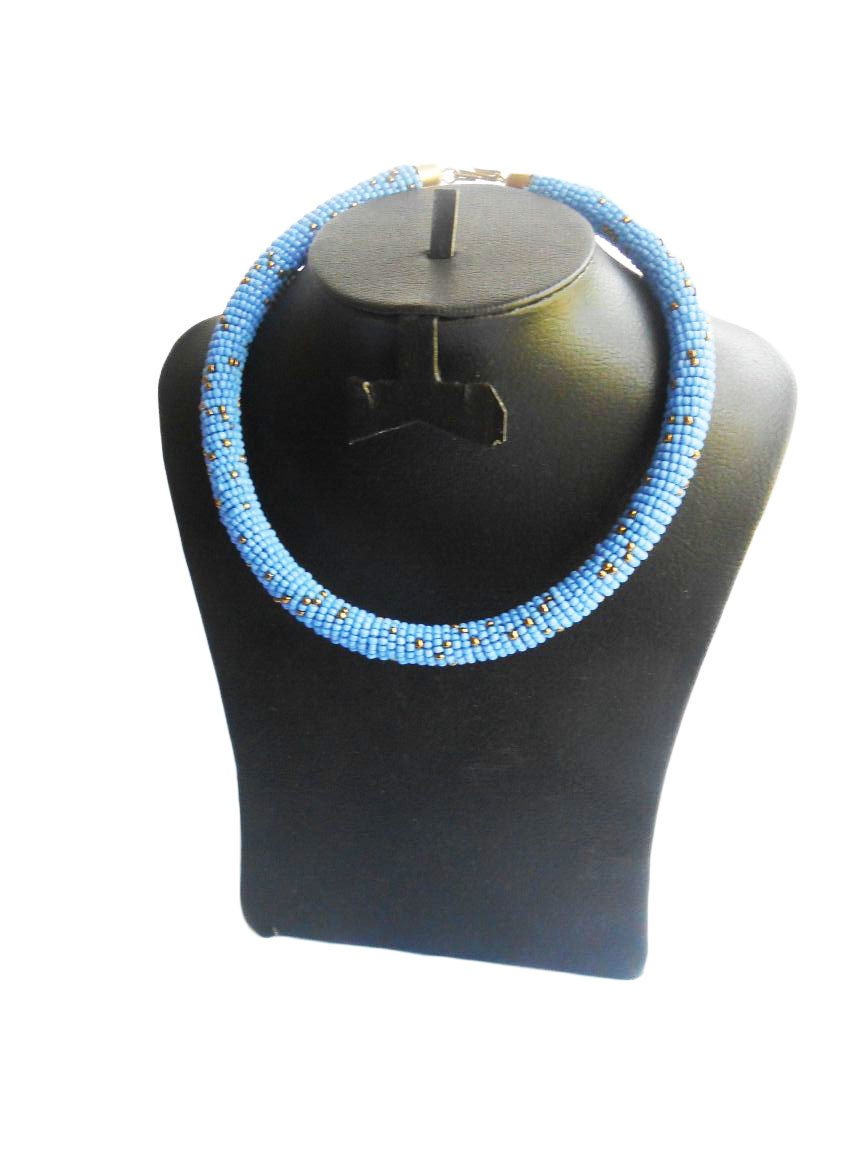 Round Maasai Beaded Choker in vibrant blue color, handcrafted with plastic beads, showcasing unique tribal design.