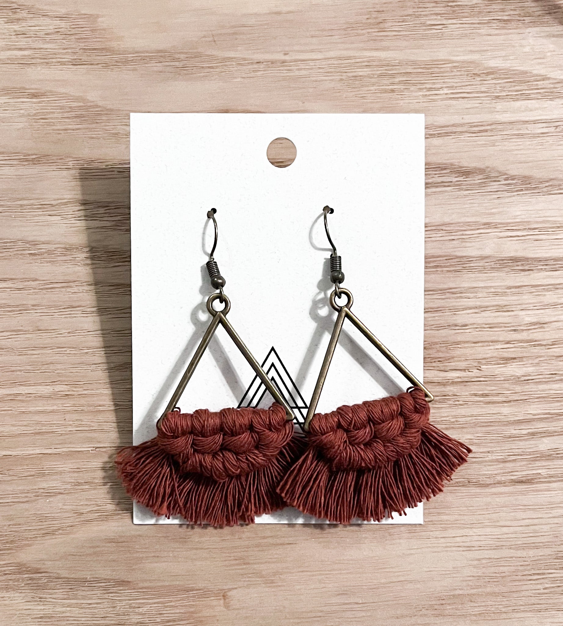 Rust Triangle Earrings made from 100% macrame cotton, featuring a lightweight and stylish design, perfect for any occasion.