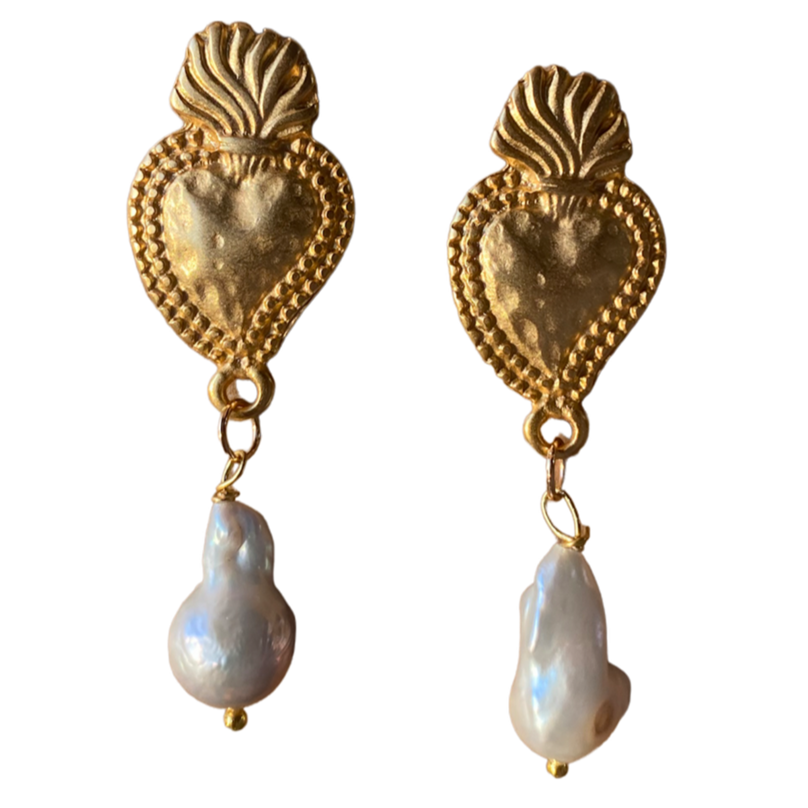 Handcrafted Sacred Heart Ex Voto Earrings made of brass and natural pearls, inspired by Sicilian artifacts.