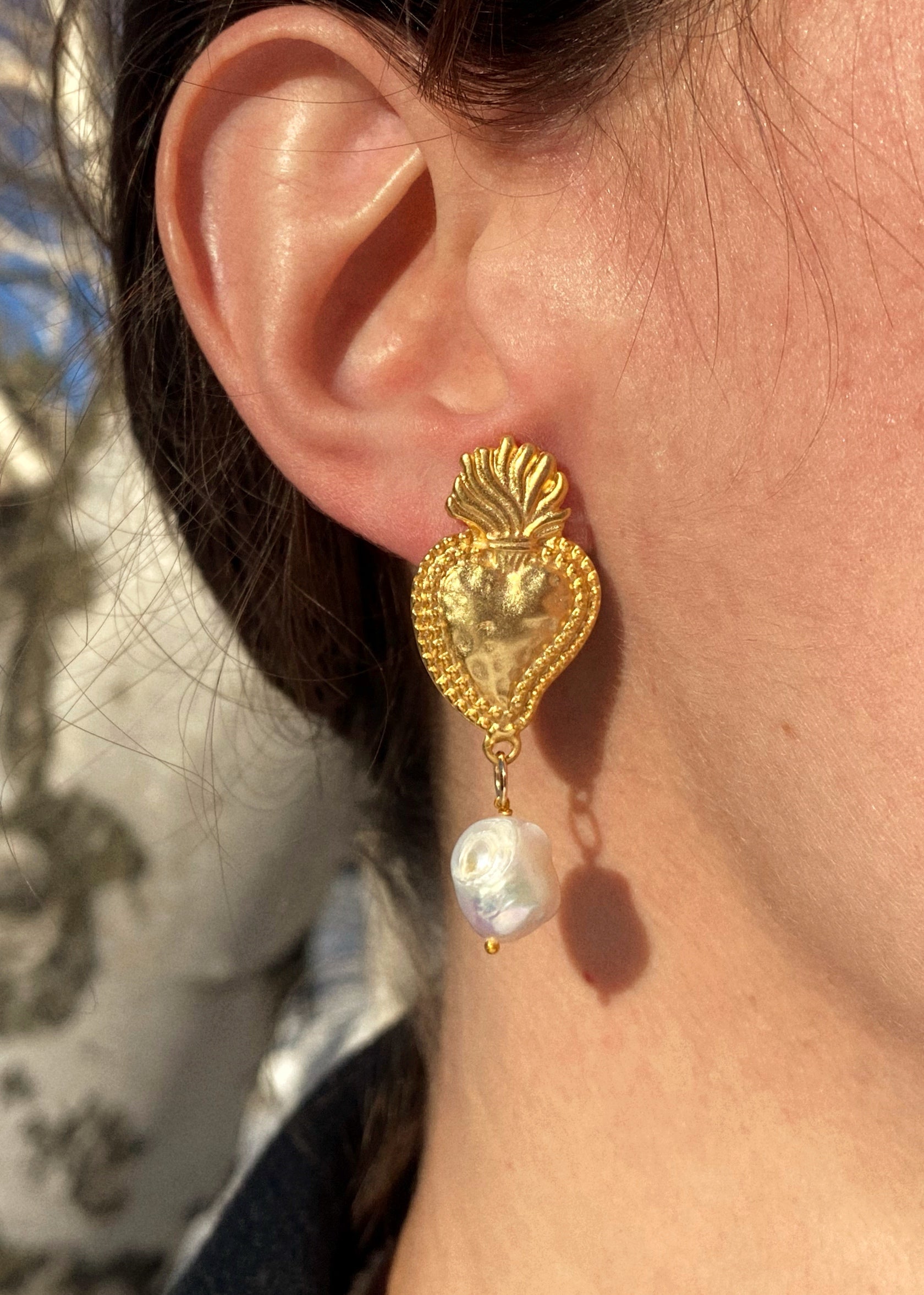 Handcrafted Sacred Heart Ex Voto Earrings made of brass and natural pearls, inspired by Sicilian artifacts.