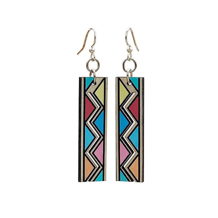 A pair of Safari Print Earrings #1682 made from sustainably sourced wood, featuring a vibrant safari design and silver-finished hypoallergenic ear wires.