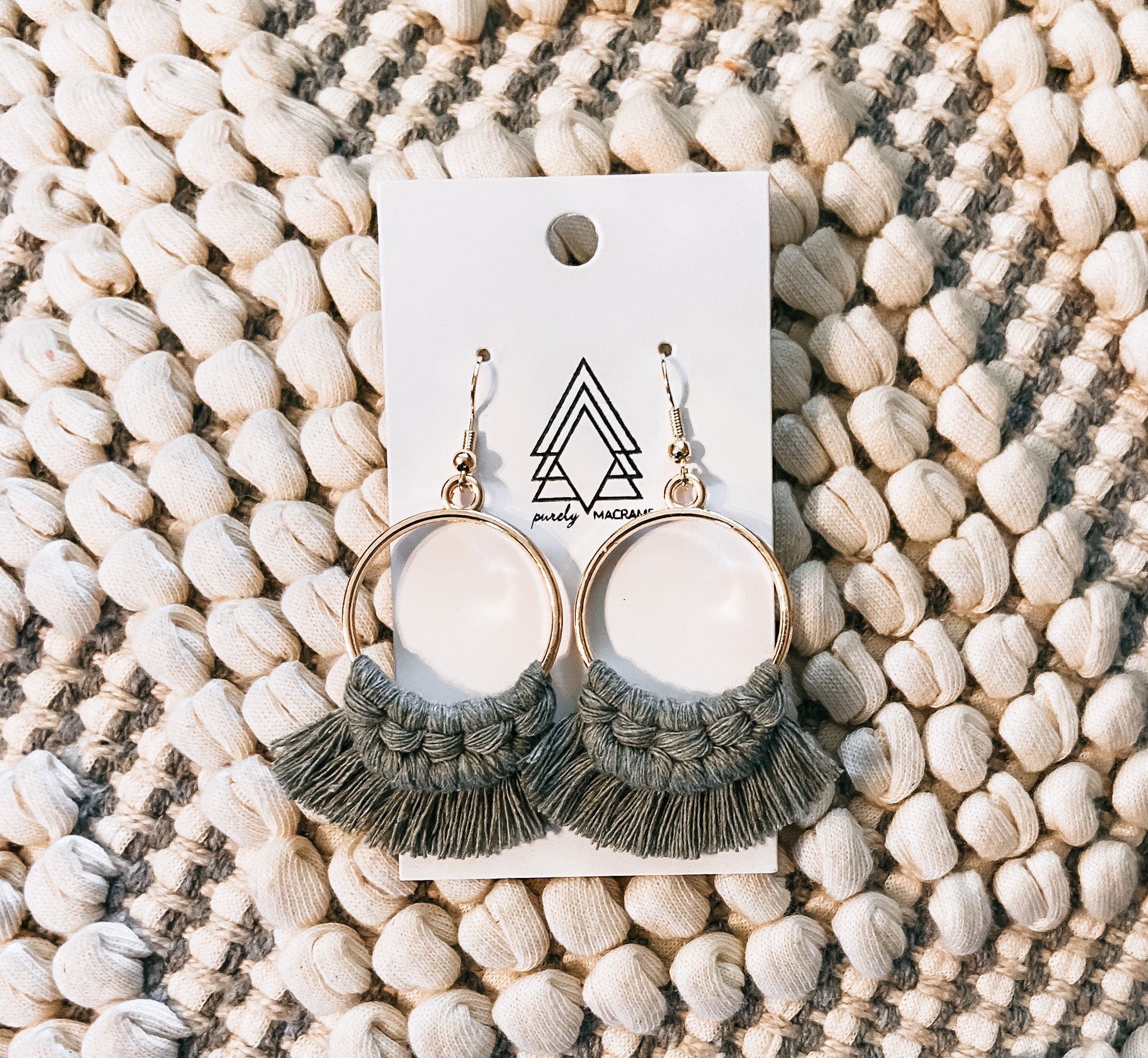 Sage Round Earrings made from 100% macrame cotton, featuring a lightweight and stylish round design, perfect for any occasion.