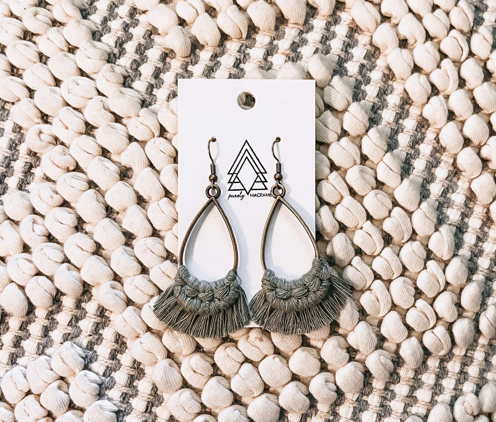 Elegant Sage Teardrop Earrings made from 100% macrame cotton, featuring a lightweight and stylish design, perfect for any occasion.