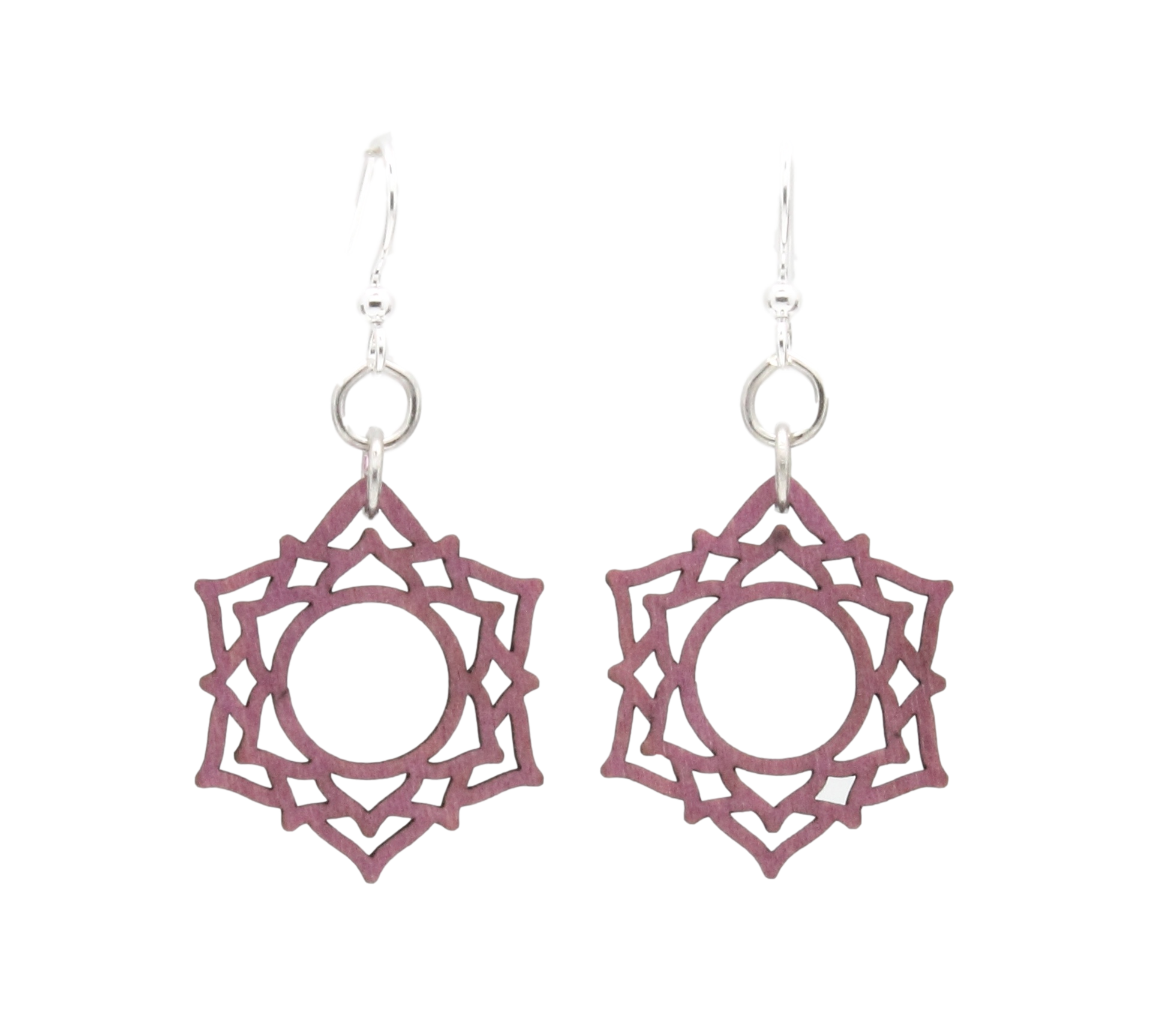 Elegant Sahasrara Chakra Earrings made from sustainable wood, featuring a purple hue and silver-finished hypoallergenic ear wires.