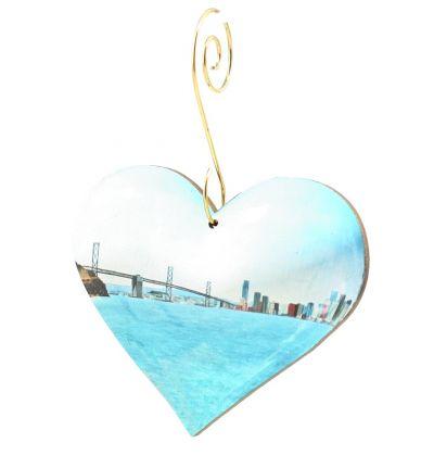 San Francisco Bay Heart #S982 ornament made from eco-friendly birch wood and recycled paper, featuring a laser-cut design with a glossy finish.