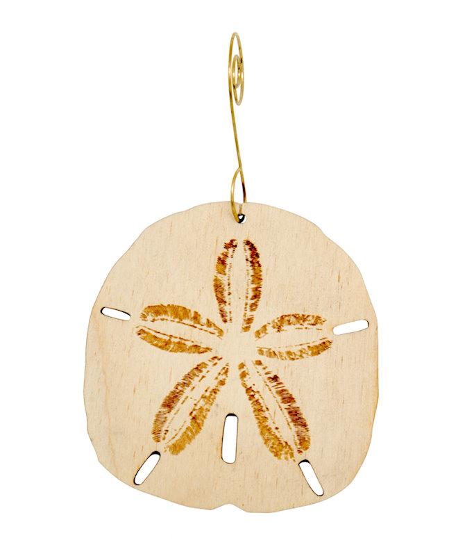 Sand Dollar Ornament #9922 made from eco-friendly birch wood, featuring intricate laser-cut design and water-based dye finish.