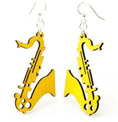 A pair of vibrant Lemon Yellow saxophone earrings made from sustainably sourced wood, featuring laser-cut design and hypoallergenic stainless steel ear wires.