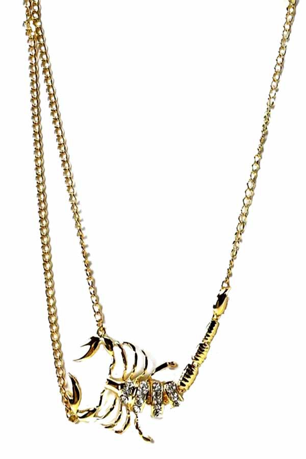 A stylish Scorpio pendant necklace featuring an intricate design, 18-inch chain, and lobster claw clasp.