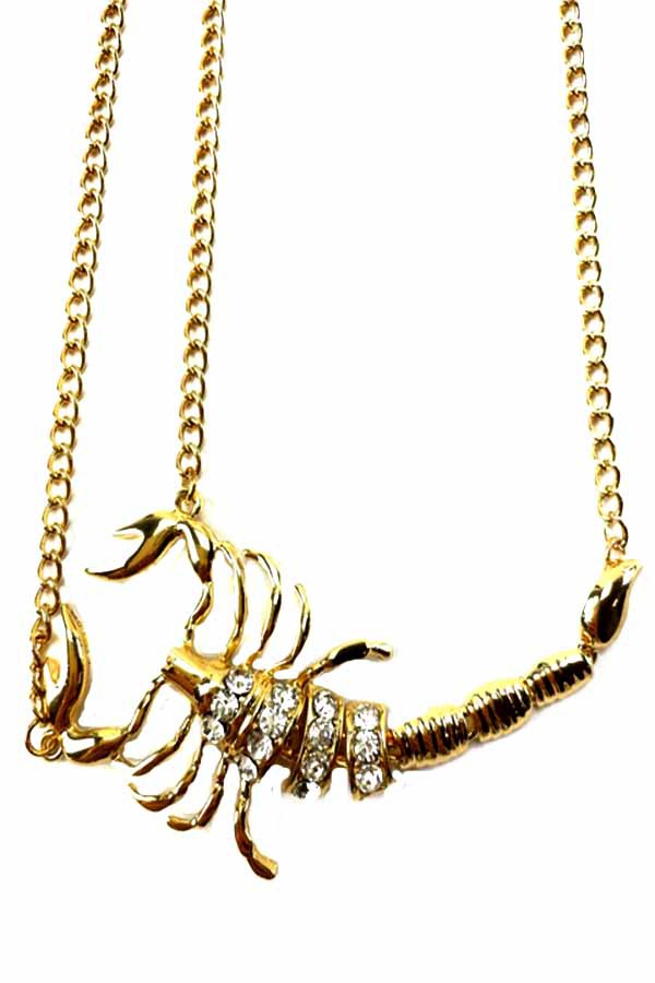 A stylish Scorpio pendant necklace featuring an intricate design, 18-inch chain, and lobster claw clasp.