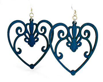 Scroll Heart Earrings #1033 in Royal Blue, made from sustainably sourced wood with silver-finished stainless steel ear wires.