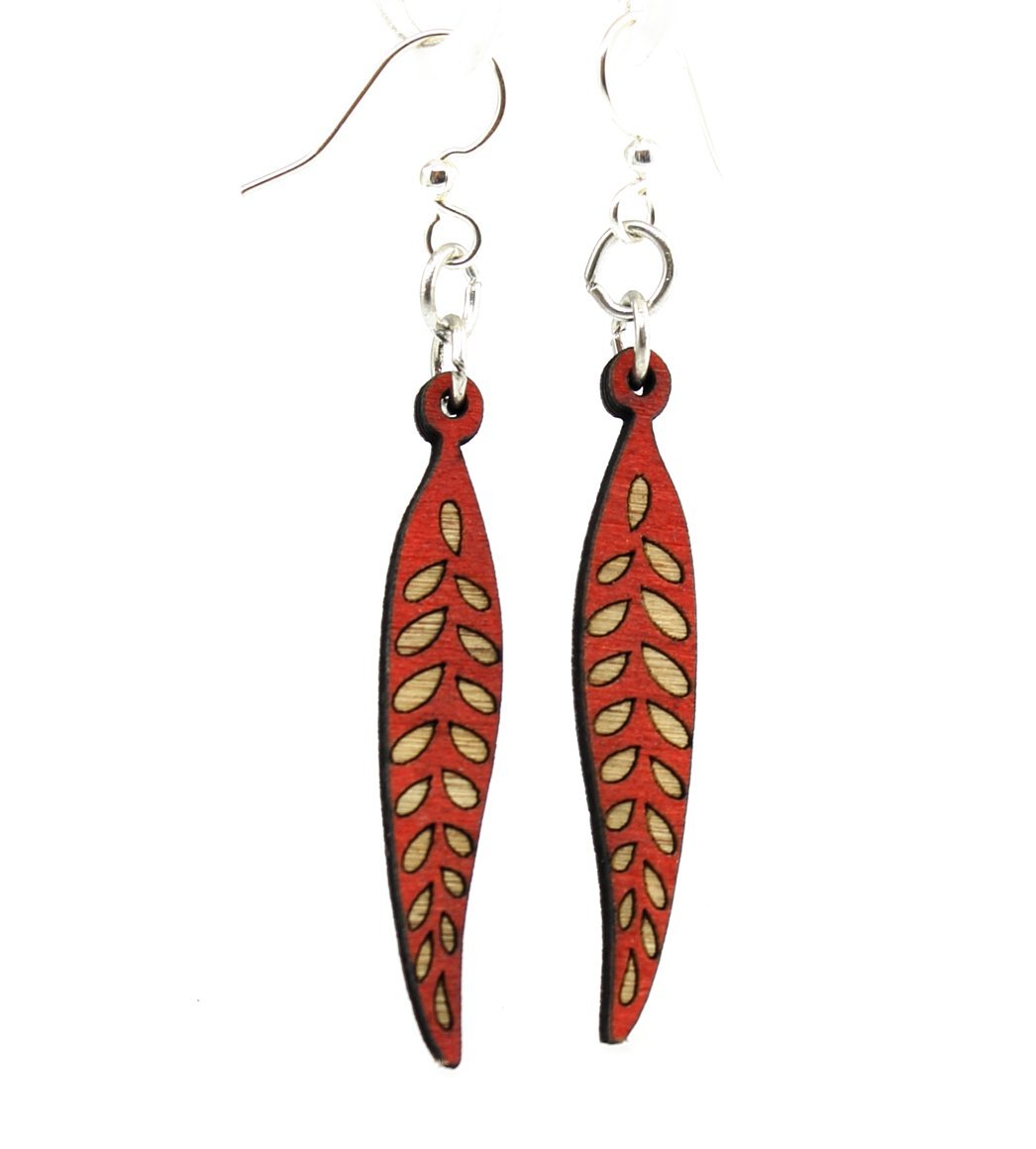 Seed Pod Blossoms #140 earrings made from sustainably sourced wood, featuring silver-finished stainless steel ear wires in a vibrant Crimson color.