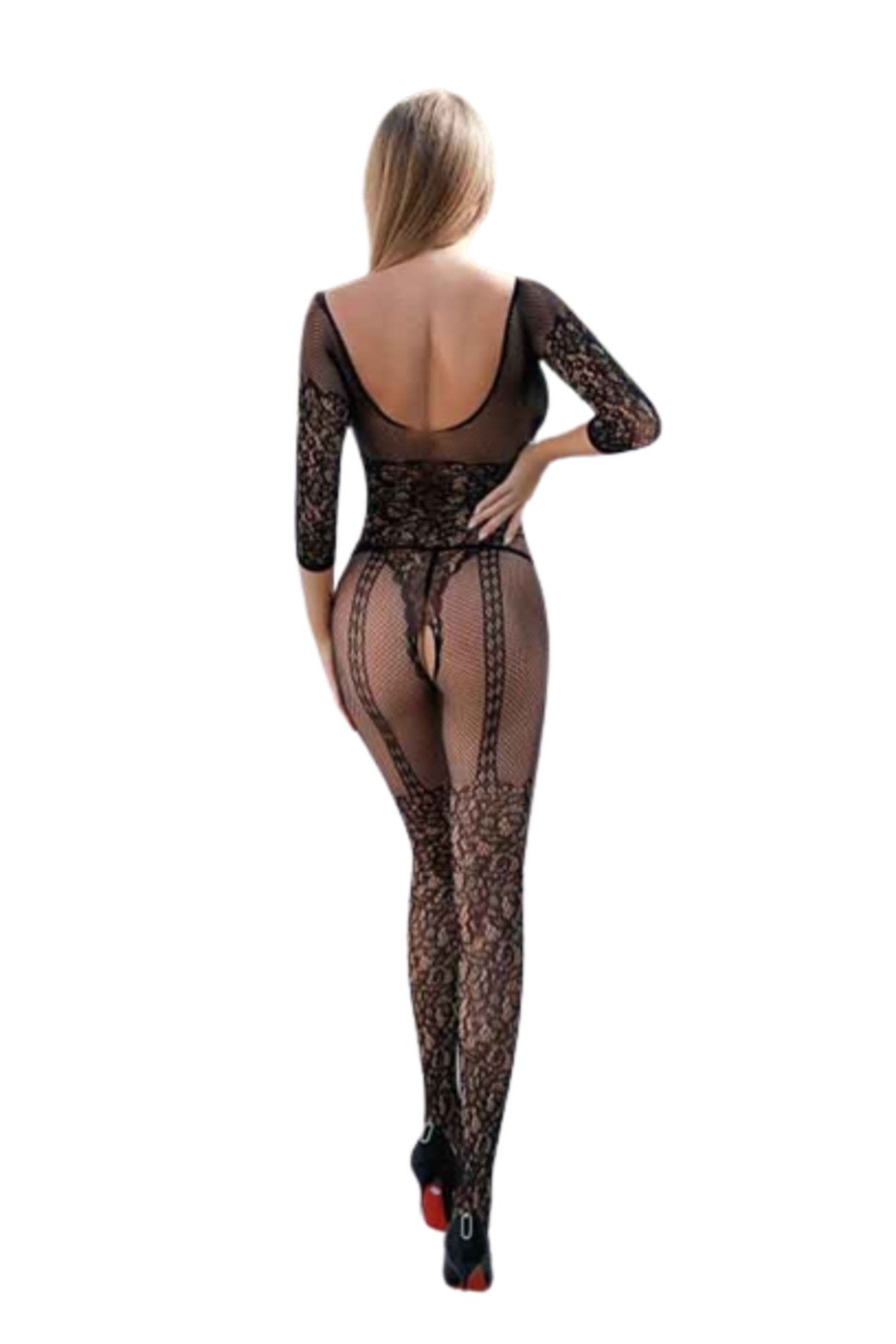 A sexy floral net bodystocking showcasing intricate floral patterns, designed for a flattering fit.