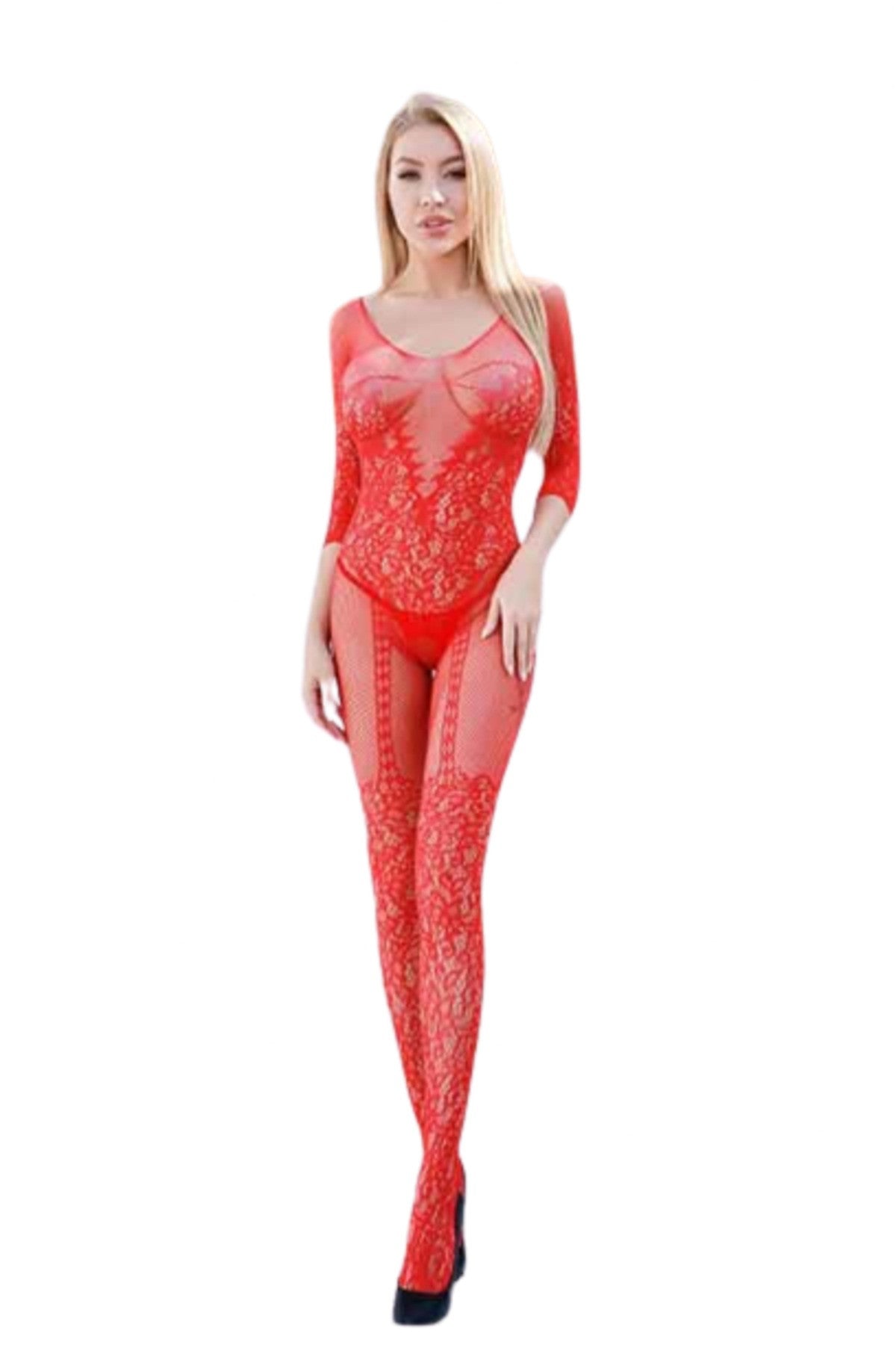 A sexy floral net bodystocking showcasing intricate floral patterns, designed for a flattering fit.